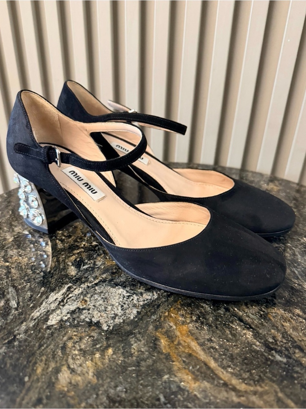 Miu Miu Black Suede Mary Jane Pumps with Crystal-Embellished Block Heel